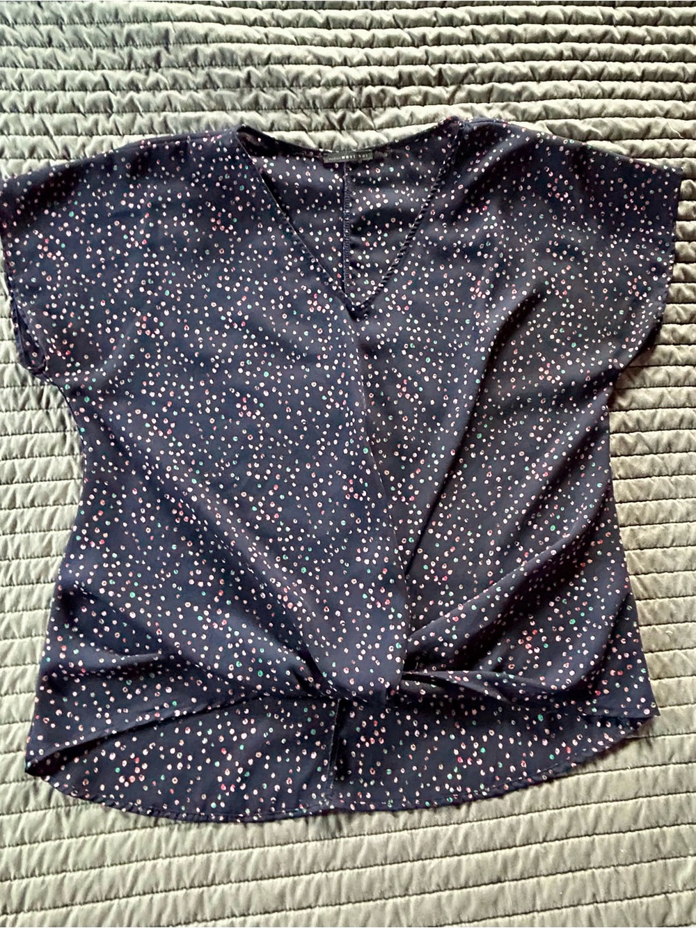 West Kei Navy Twist-Front Cap Sleeve Top with Pink Dot Print